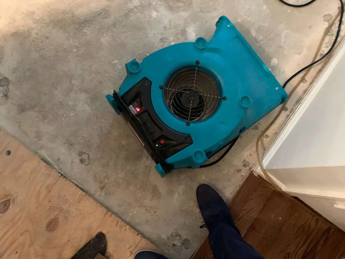 Air mover drying subfloor during Commercial Water Damage Restoration in Southampton